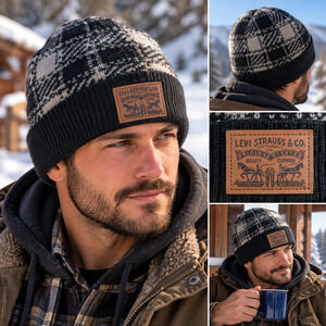 Levis Winter Hat Beanie Plaid Navy Cuffed Sherpa Lined Leather Logo Patch OS